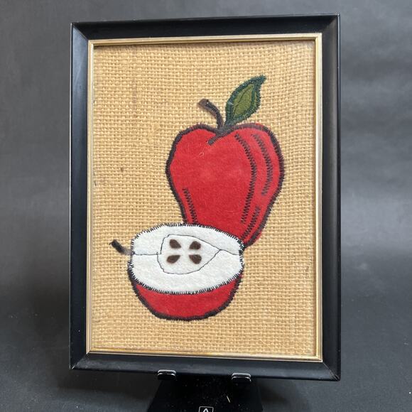 Vintage Apple Appliqué Wall Art-Felt & Burlap, Framed Handmade Grannycore Decor - Picture 1 of 9